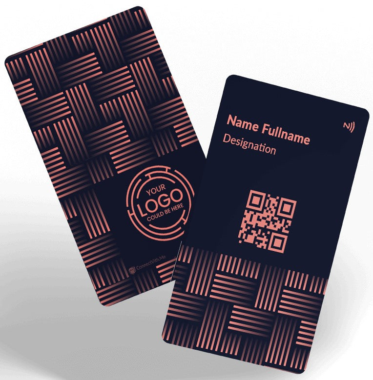 ConnectVith.Me Portrait NFC Business Card – Woven Crosshatch Design | Dark Navy & Rose Gold Smart Digital Visiting Card